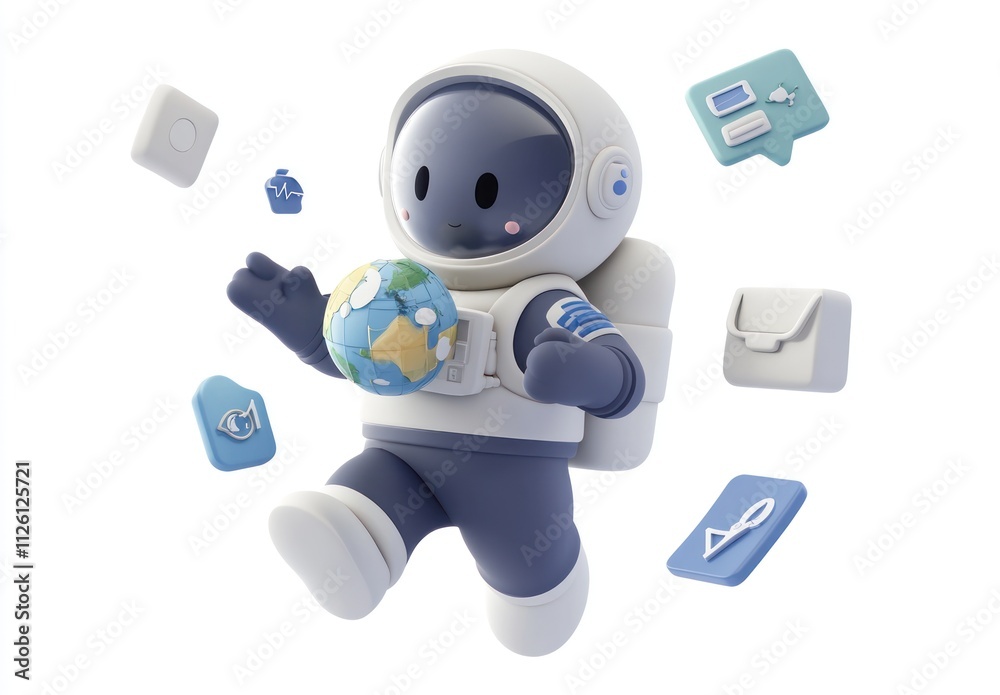 Poster a cute astronaut holding a globe, surrounded by icons representing communication and technology.