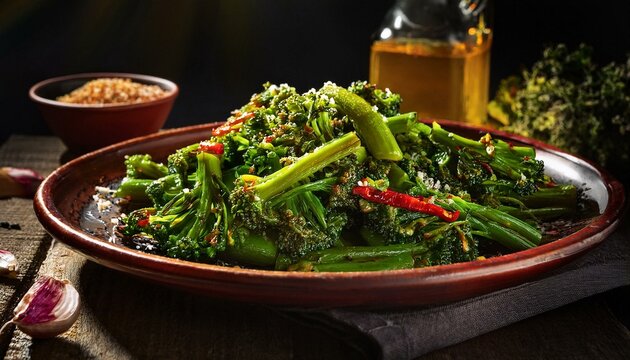 A vibrant plate of Italian broccoli rabe with garlic and chili flakes, illuminated with high-contrast lighting.