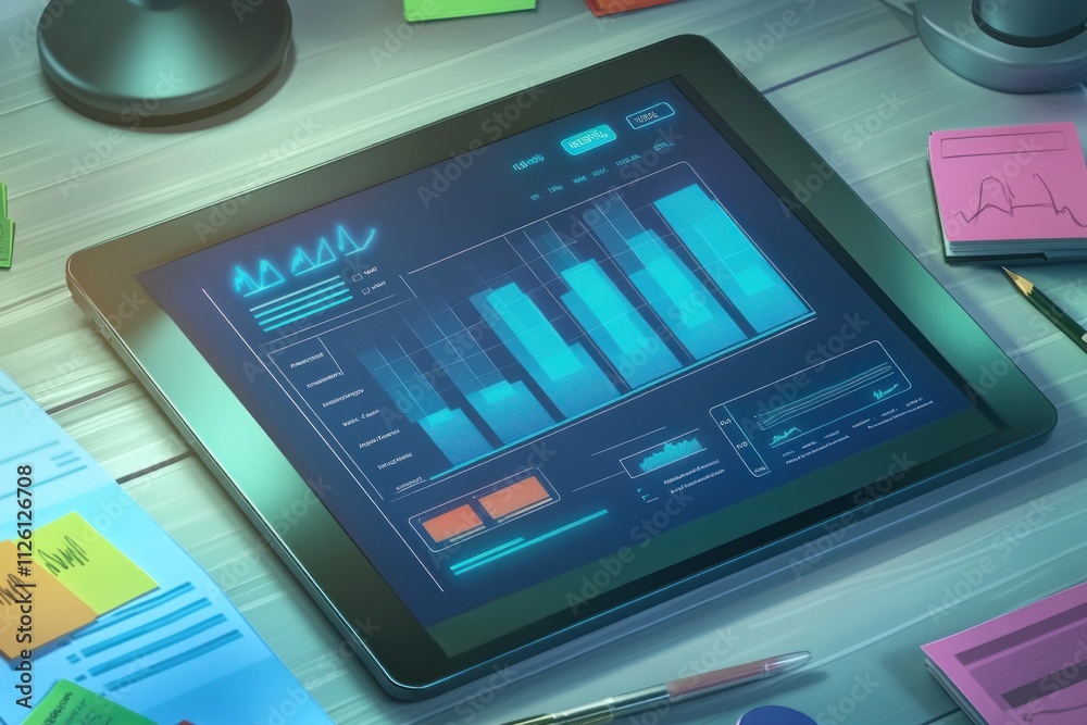 Aufkleber A digital tablet displaying graphs and data analysis on a workspace.