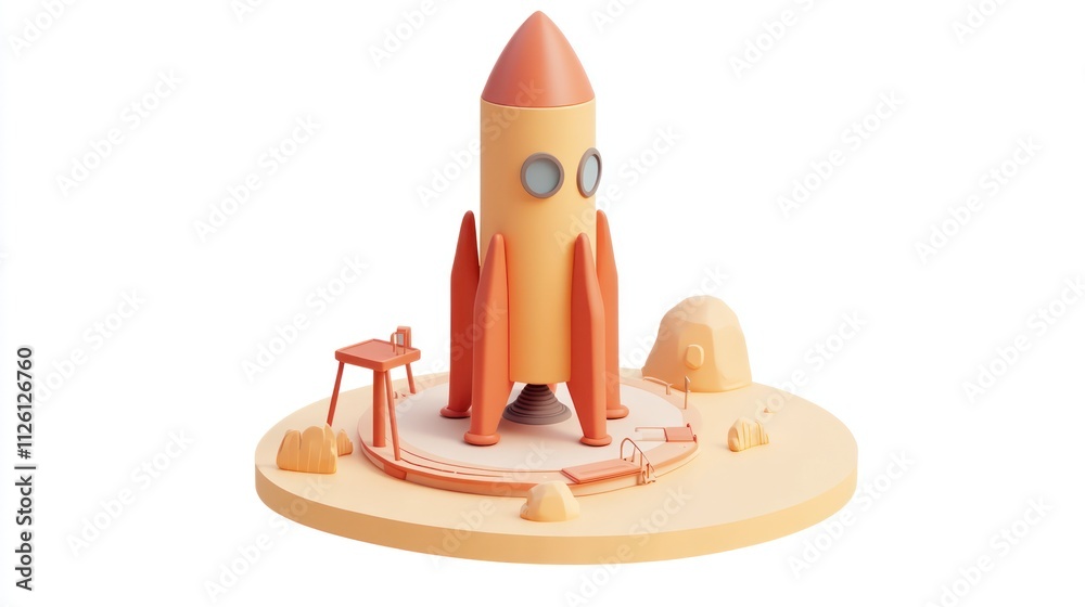 Poster a stylized rocket on a launch pad surrounded by rocks, representing space exploration.