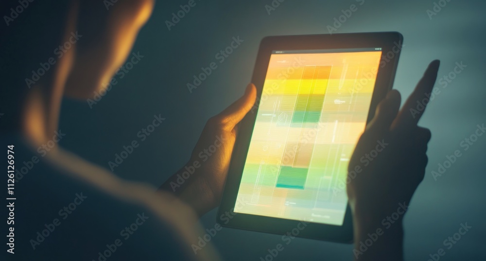 Poster A person using a tablet displaying colorful digital content in a dimly lit environment.