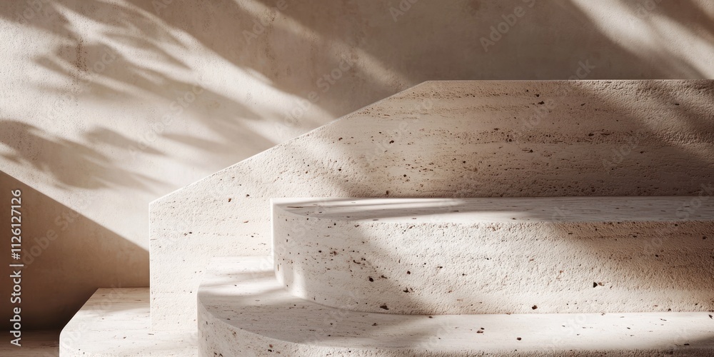 Poster A minimalist staircase with textured surfaces and soft shadows, creating a serene atmosphere.