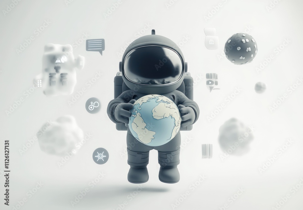 Poster A stylized astronaut holding a globe amidst floating icons representing technology and communication.