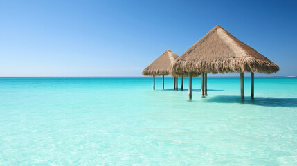 Serene beach with thatched huts over clear turquoise water