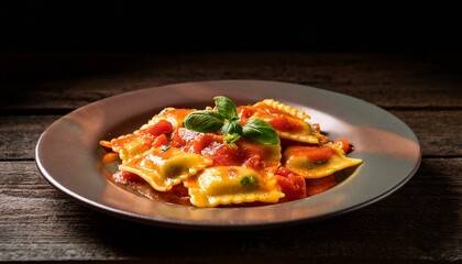 A beautifully plated dish of Italian vegetable ravioli served with fresh tomato sauce, garnished with basil leaves.