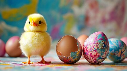 video of cute little chicken next to painted eggs, easter, bird, farm, holiday, domestic animal, ornithology, avian, chick