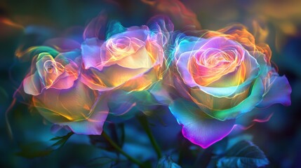 Obraz premium dreamy botanical scene with rainbow-colored roses intertwined in a flowing, luminous arrangement. Each petal glows with a different hue, creating a kaleidoscope of colors in the bouquet