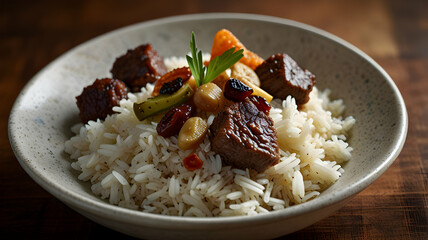 Delectable Beef Stew with Rice: A Culinary Delight Featuring Tender Beef Cubes, Aromatic Rice, and Savory Vegetables