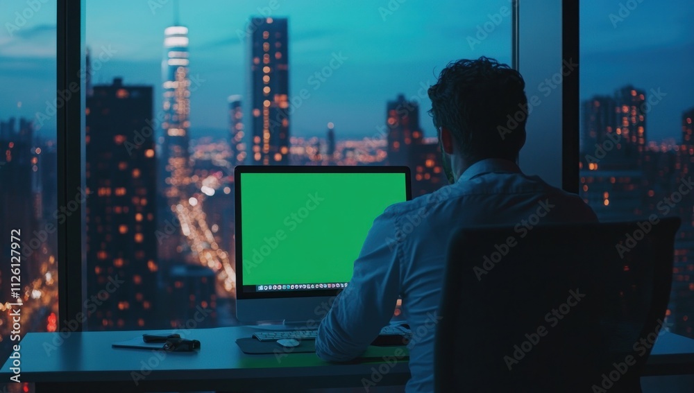 Poster a person working at a computer in a high-rise office with a city skyline view at dusk.