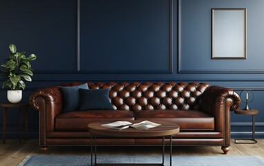 Classic brown leather chesterfield sofa in a blue living room.