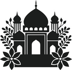 Silhouette Mosque with Floral Decorations Vector Illustration
