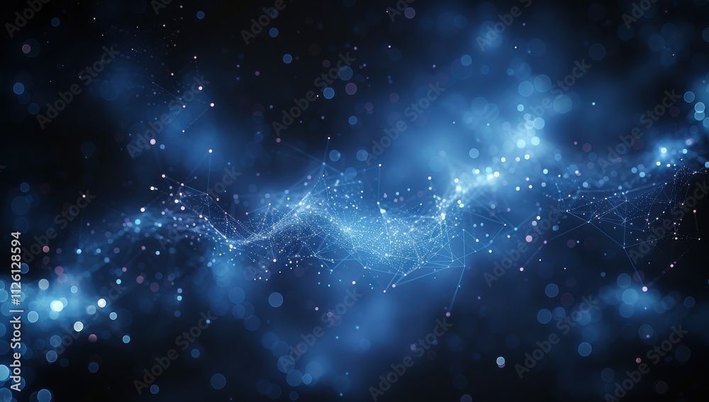 Wall mural abstract blue glowing particle waves on a black background. digital abstract futuristic design for t