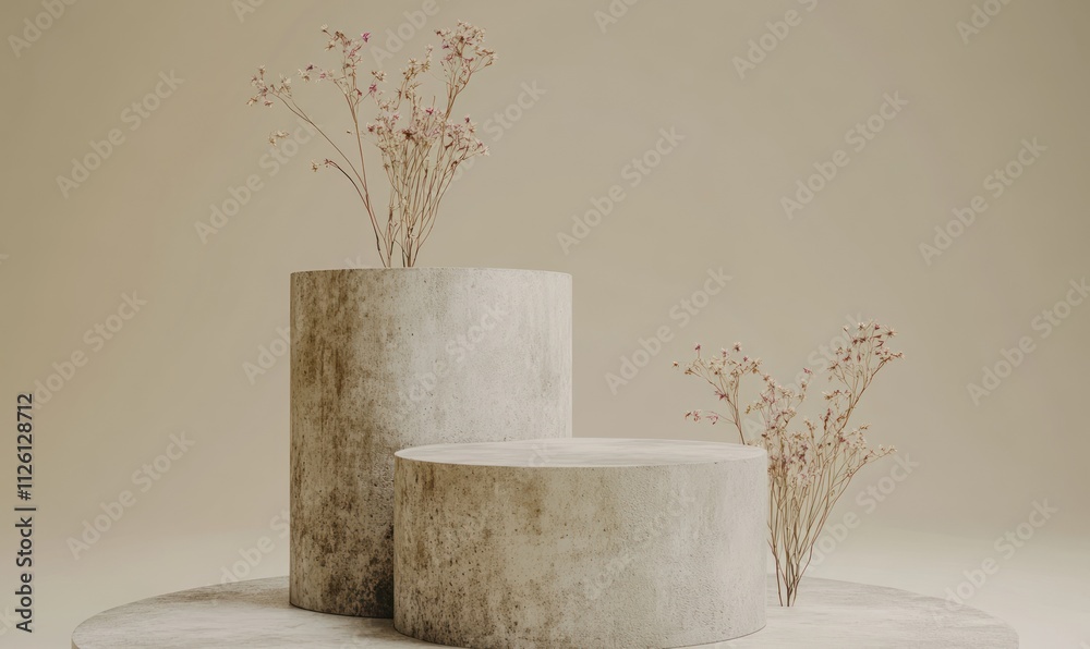Poster minimalist display featuring cylindrical pedestals with dried flowers, emphasizing simplicity.