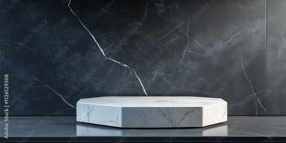 Poster a minimalist display platform set against a dark marble background for showcasing products.