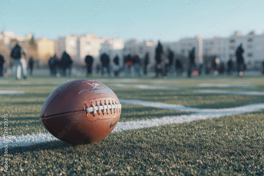Poster A close-up of a football on a field with blurred figures practicing in the background.