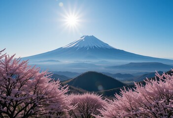 Landscape photo in the morning of Mount Fuji with eternal ice on its peak, framed with cherry trees...