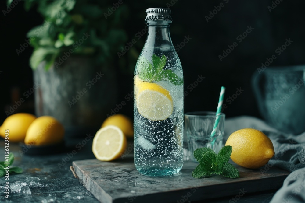 Poster a refreshing drink with lemon and mint, perfect for hydration and summer vibes.