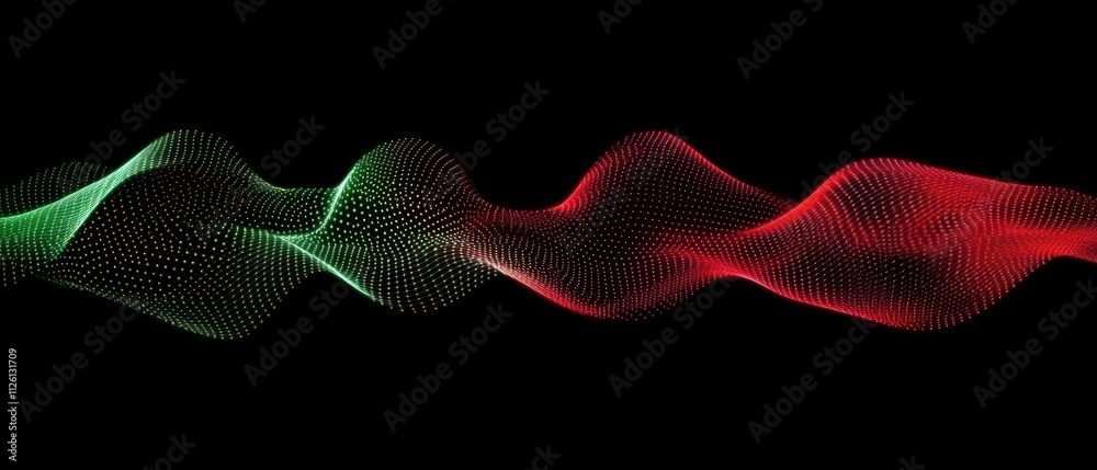 Poster abstract wave pattern in green and red colors on a black background.