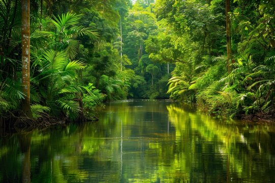 A tranquil river winds through a vibrant tropical rainforest filled with diverse foliage, showcasing reflections of the lush greenery on a clear day.