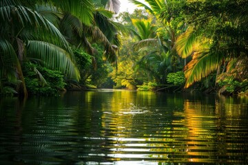A serene river flows gently through a dense tropical forest, illuminated by golden morning light reflecting on the calm water surface.