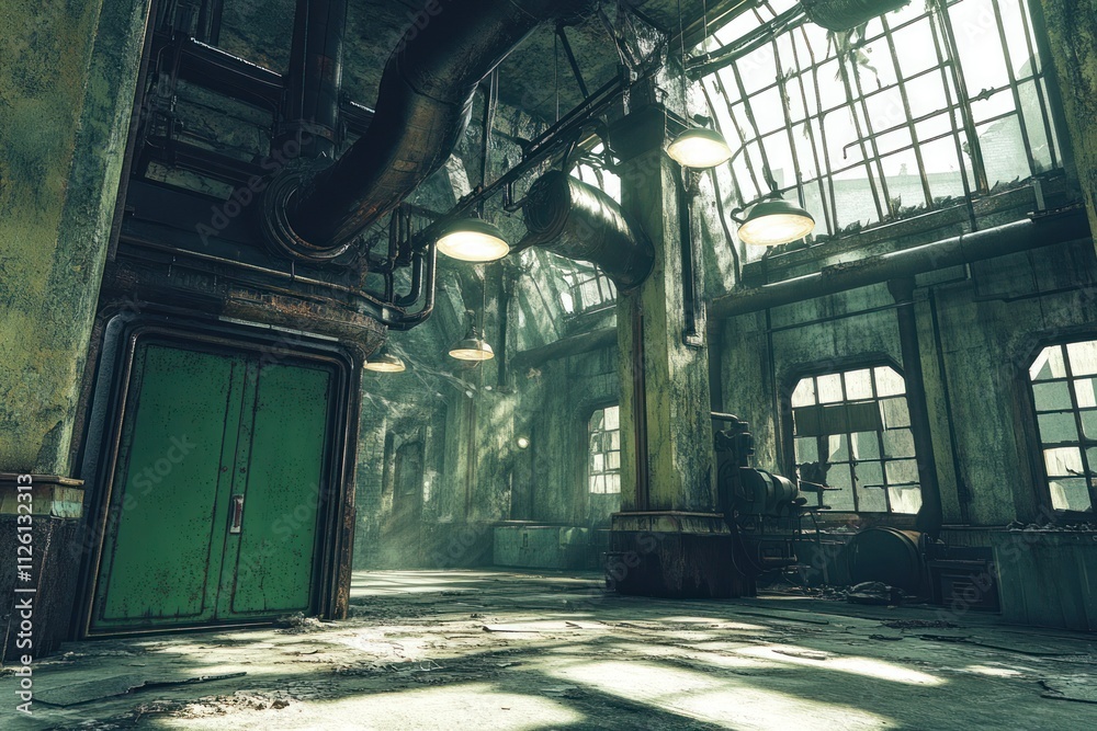 Poster A dilapidated industrial space with sunlight streaming through broken windows.