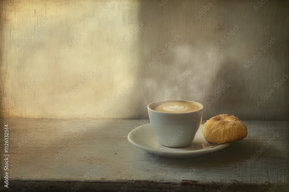 Poster a serene coffee moment featuring a cup of latte and a pastry on a rustic surface.