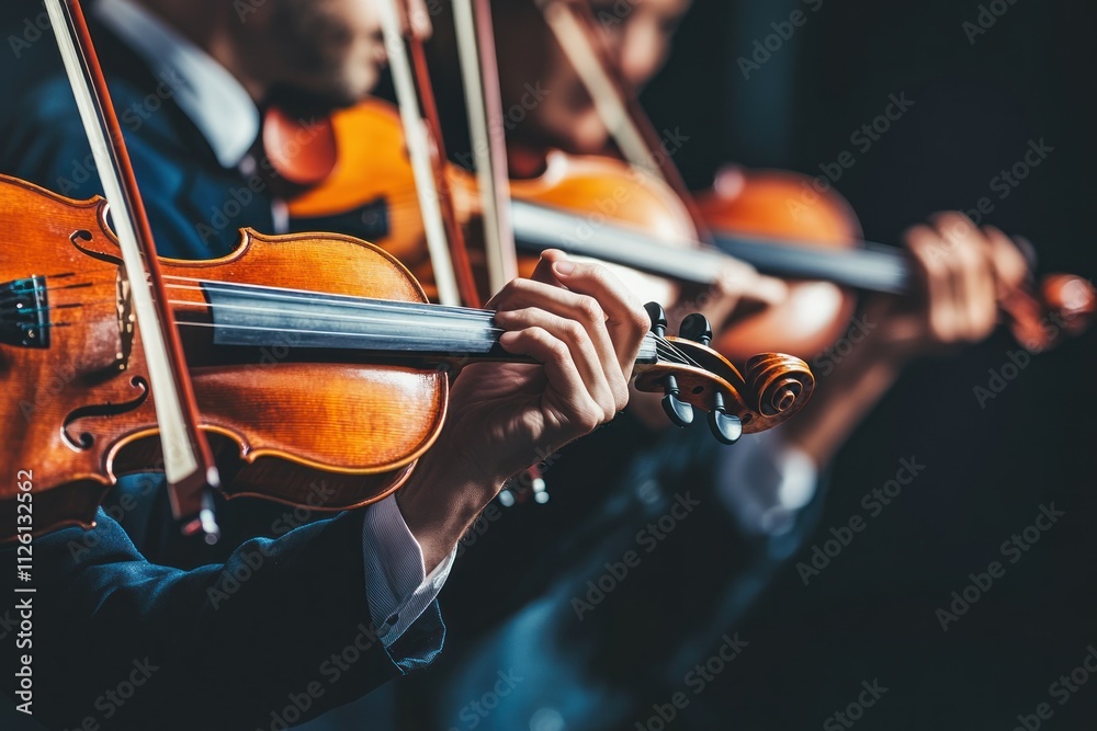 Poster a close-up of musicians playing violins in a performance setting.