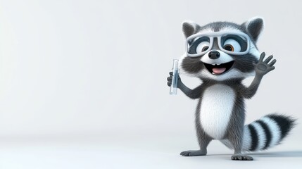 A cheerful raccoon character wearing goggles, holding a device and waving.