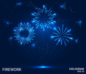 Hologram firework composed of polygons, triangles, dots, and lines. A low-poly firework design with intricate connections, representing a technology concept vector.