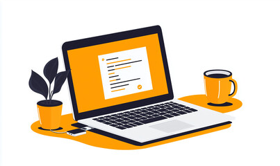 Minimalist workspace illustration with laptop, coffee cup and wireless charger, symbolizing modern productivity and creativity.