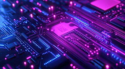 Circuit Board with Glowing Neon Lights