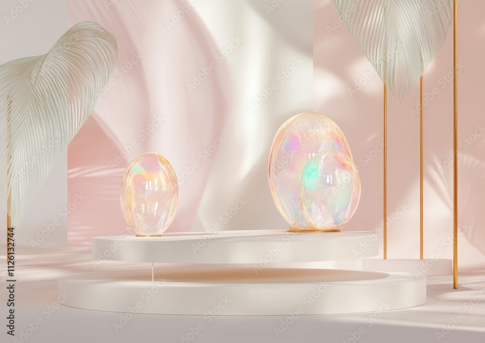 Poster a serene, minimalist display featuring iridescent bubbles on elegant platforms with soft pastel tone