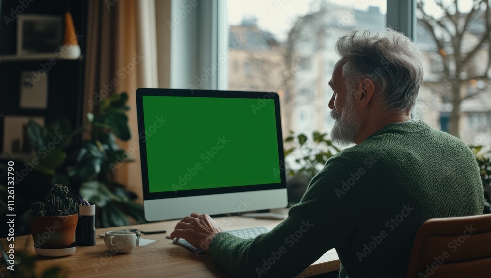 Poster a man working at a computer in a home office surrounded by plants.