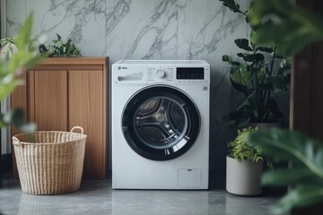 Washing machine in modern home setting indoor environment appliance showcase serene atmosphere minimalist view home comfort concept