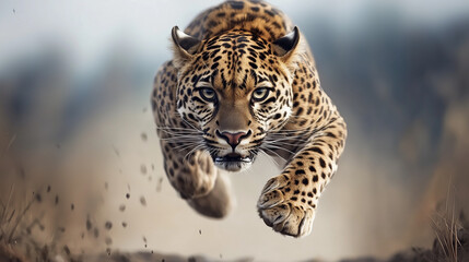 Fototapeta premium Jaguar in Motion: A powerful jaguar leaps forward with unwavering focus, its spotted coat blending seamlessly with the blurred backdrop. A captivating wildlife image.