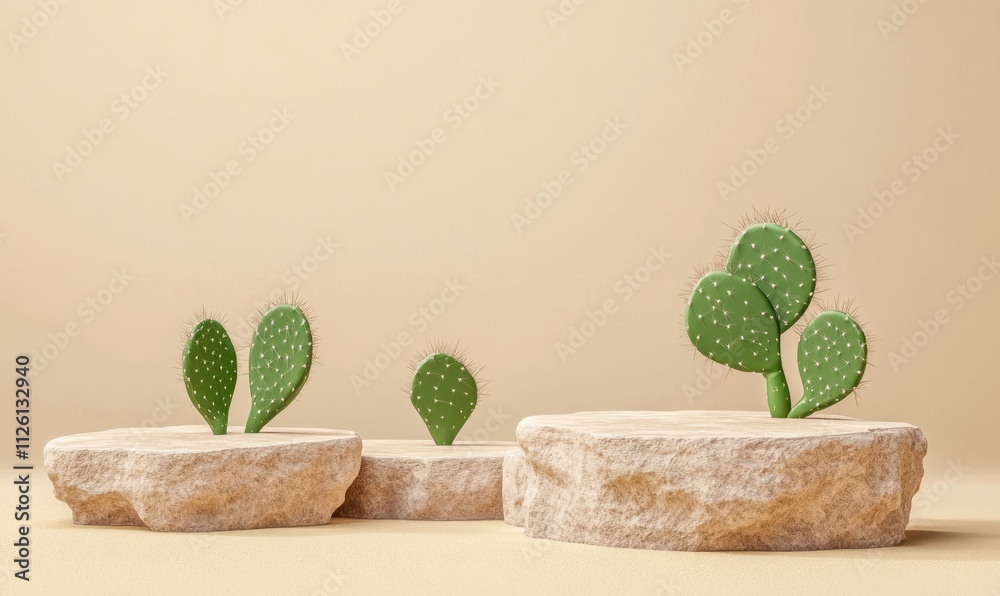 Aufkleber A minimalistic display of cacti on stone platforms against a light background.