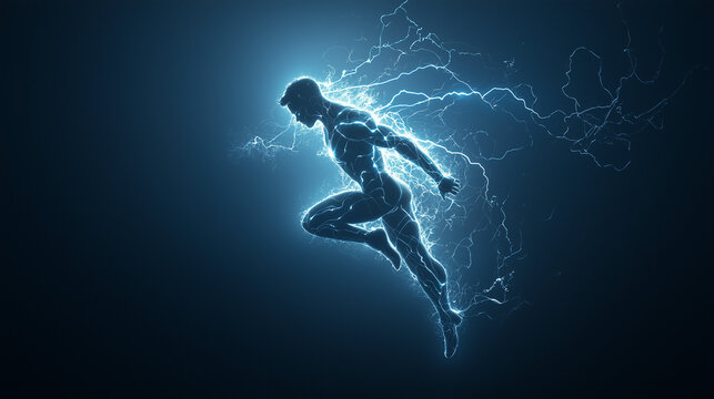 Electrifying Runner: A dynamic silhouette of a male athlete, imbued with electric blue energy, leaps forward with incredible power and speed. This captivating image embodies strength, motion.