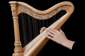 A person playing a wooden harp, showcasing musical artistry and craftsmanship.