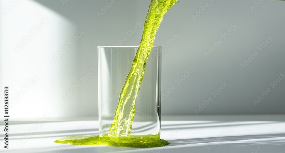 Poster A vibrant green liquid is being poured into a clear glass, creating a dynamic visual effect.