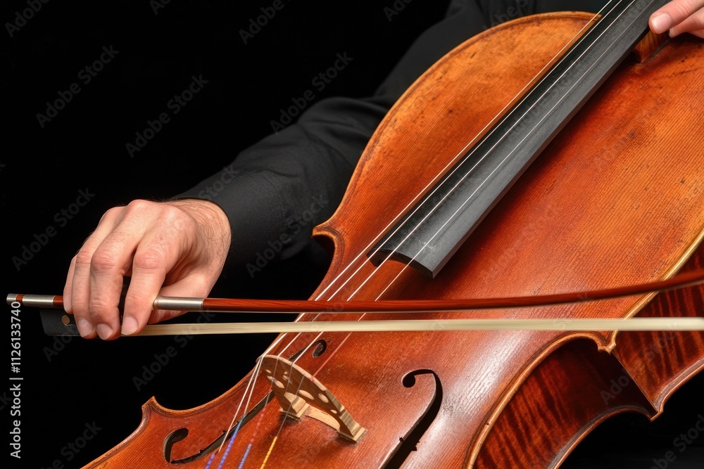 Poster a close-up of a hand playing a cello, highlighting the instrument and bowing technique.
