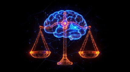 Glowing brain with scale, futuristic neon justice, AI technology, legal balance art, high-tech law concept
