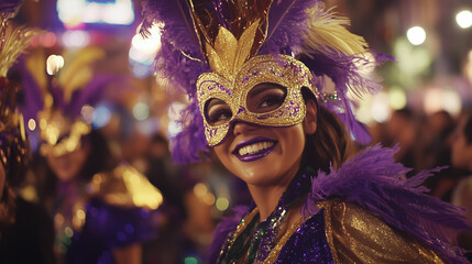 Mardi Gras parade with focus on a group of dancers wearing purple and gold exotic bird costumes,...