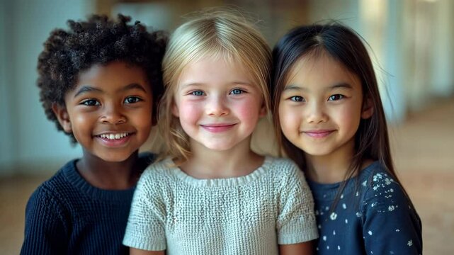 video of three smiling children of different nationalities, diversity, african american boy, caucasian kid, asian kid, childhood, friends