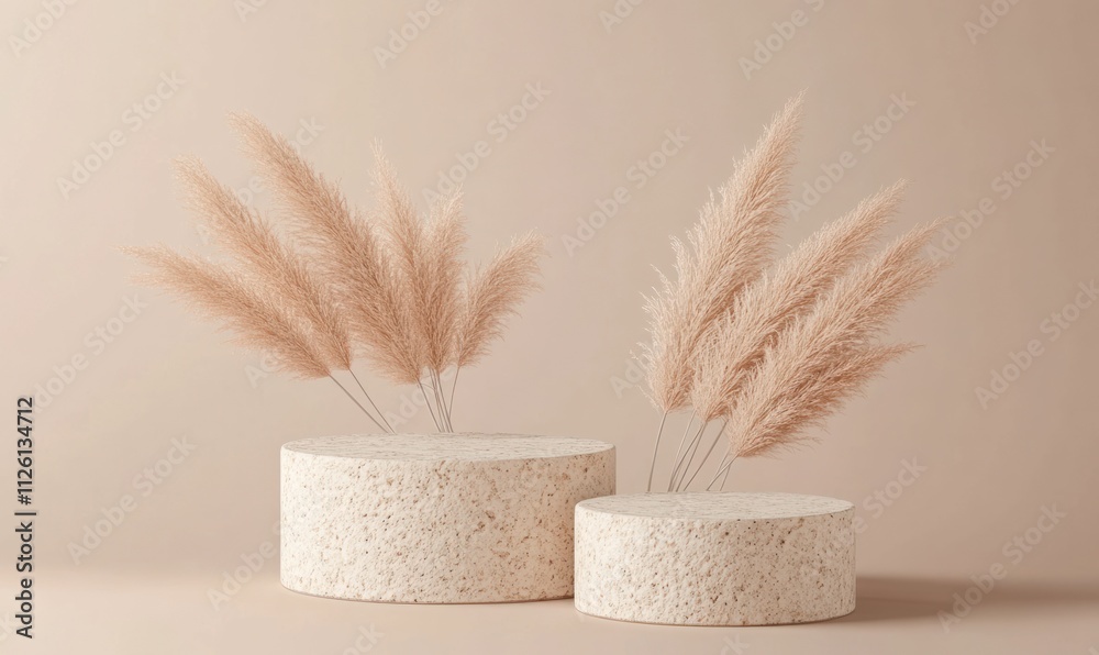 Poster a minimalist display featuring dried pampas grass on textured pedestals against a soft backdrop.