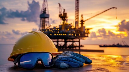Obraz premium Safety Gear at Sunset on an Offshore Oil Platform