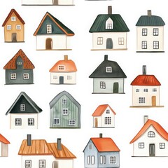 Naklejka premium Whimsical Scandinavian Watercolor Houses Design