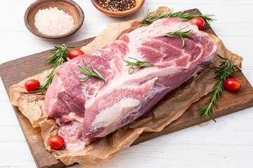 Neck of raw pork meat . Top view