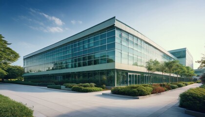 A modern hospital building with sleek glass facades, surrounded by landscaped gardens.
