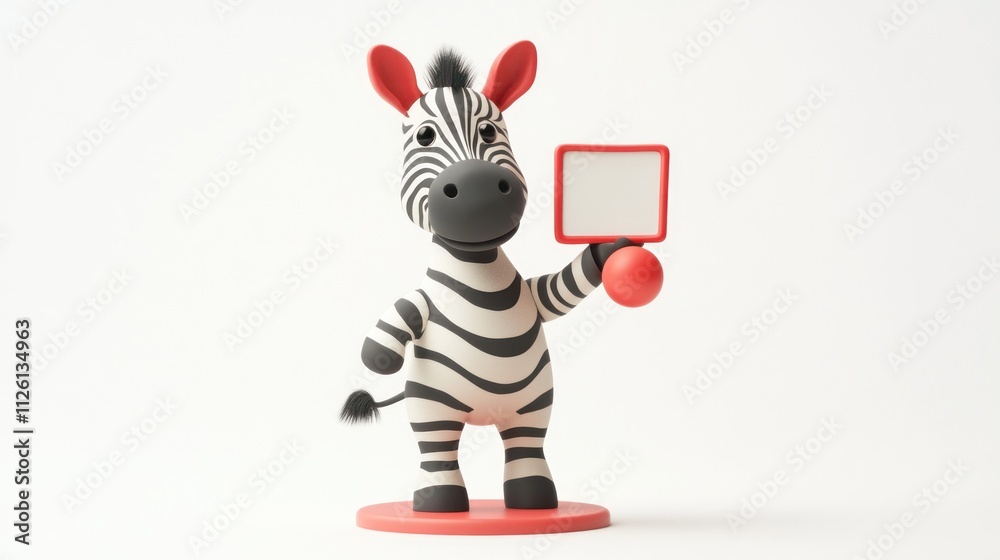 Poster a cartoon zebra character holding a blank sign, designed in a playful, 3d style.