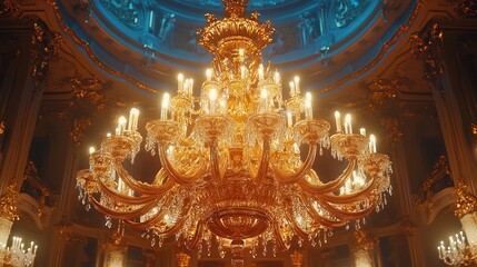 Fototapeta premium A luxurious gold chandelier hanging from an ornate ceiling